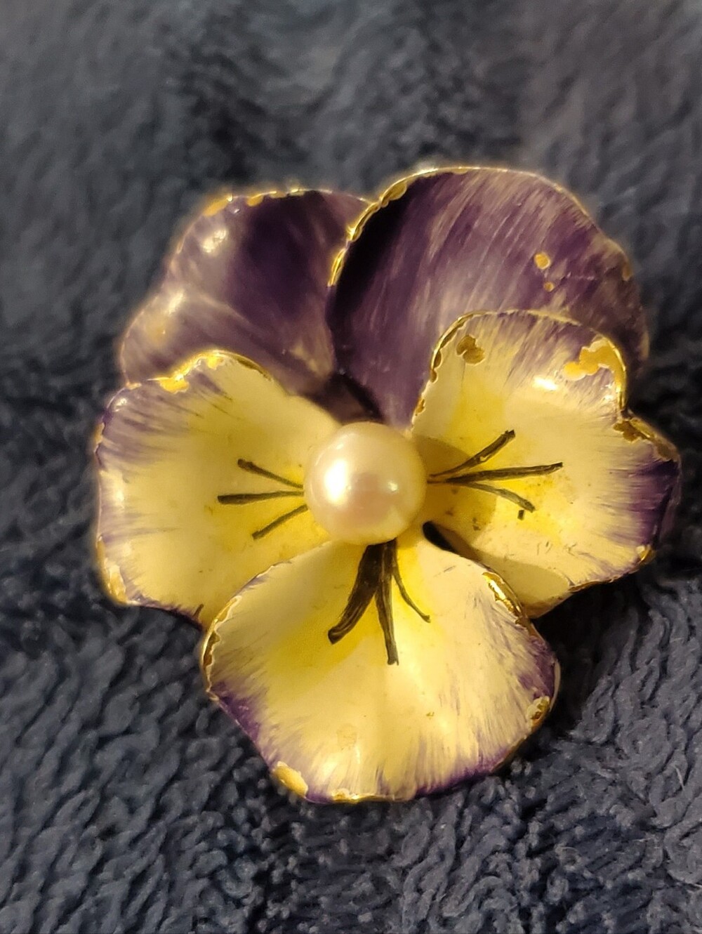Vtg Creed Sterling Vermeil Purple Enamel Pansy Brooch Cultured Pearl Pin Art